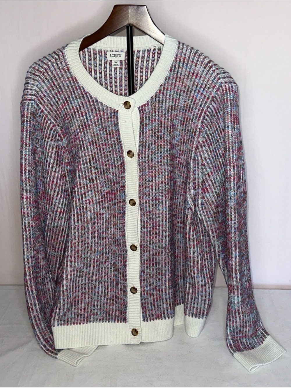 J. Crew Multicolor Ribbed Cardigan with Cream Trim